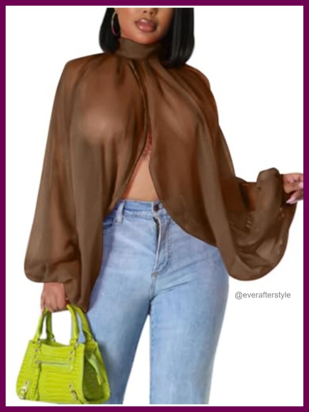 Women's Chiffon Blouse Batwing Sleeve Mock Neck Sheer Top Party Club